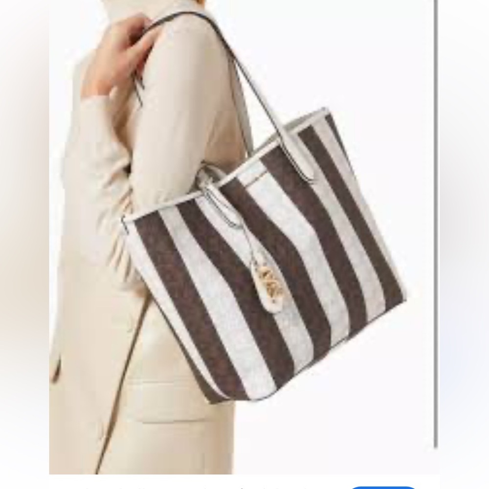 PRICE DROP! Michael Kors Eliza Brown/Cream Striped Tote and Clutch Reversable